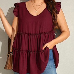 SHEIN Frenchy Plus Butterfly Sleeve Frill Trim Peplum Blouse